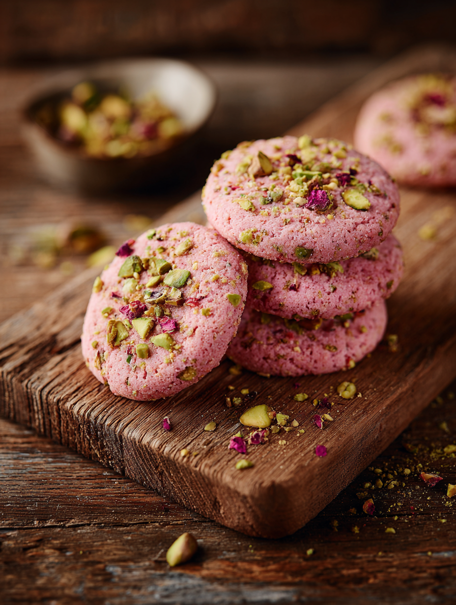 Rose pistachio champagne cookies with cardamom, topped with crushed pistachios and optional pink glaze.