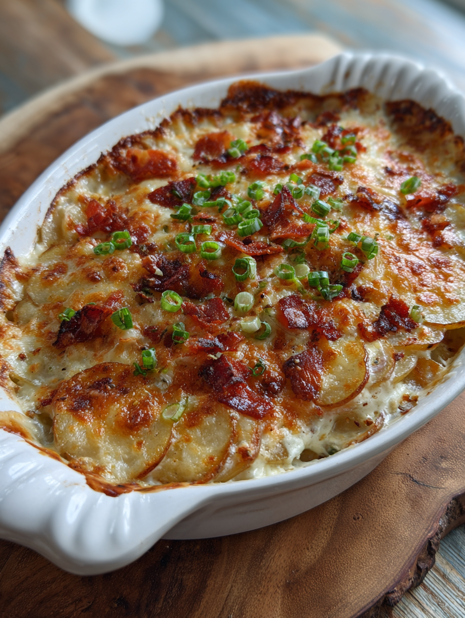 Loaded Baked Potato Au Gratin with Ranch, Bacon & Green Onions