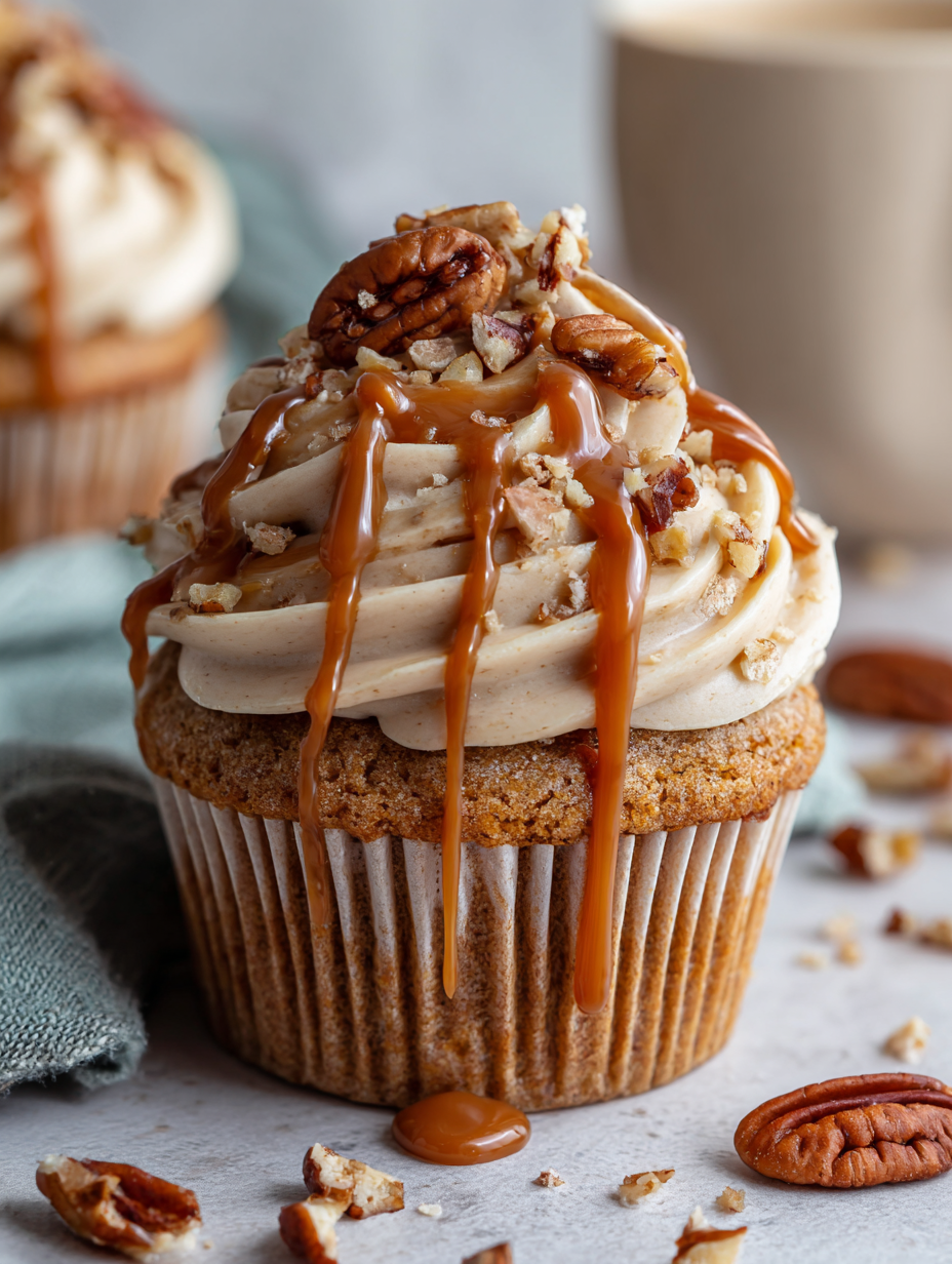 Pecan Latte Cupcakes with Praline Drizzle