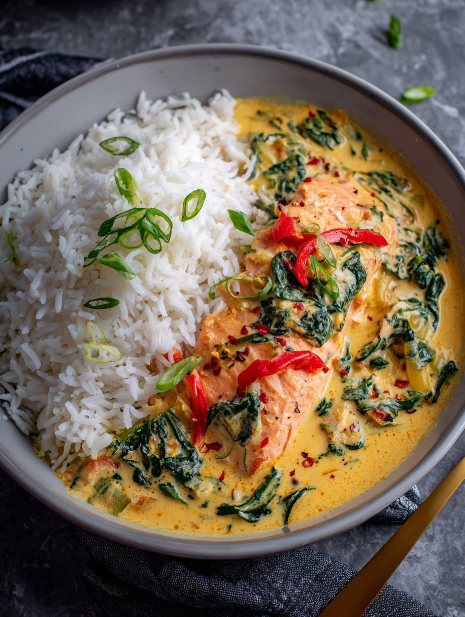 Creamy Salmon Coconut Curry with Coconut Ginger Scallion Rice (Mild & Comforting)