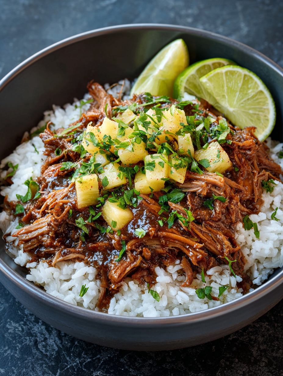 Hawaiian Teriyaki-BBQ Pulled Pork with Coconut Pineapple Rice