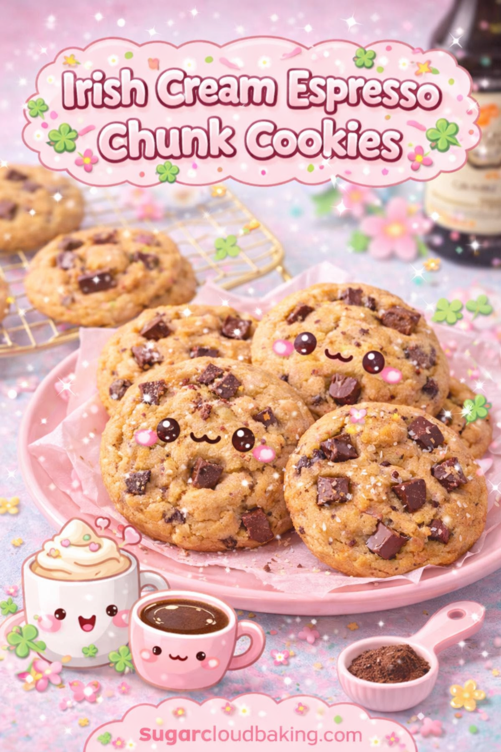 Kawaii-style Irish cream espresso chunk cookies on a pink plate with chocolate chunks, pastel decor, and cute coffee illustrations.