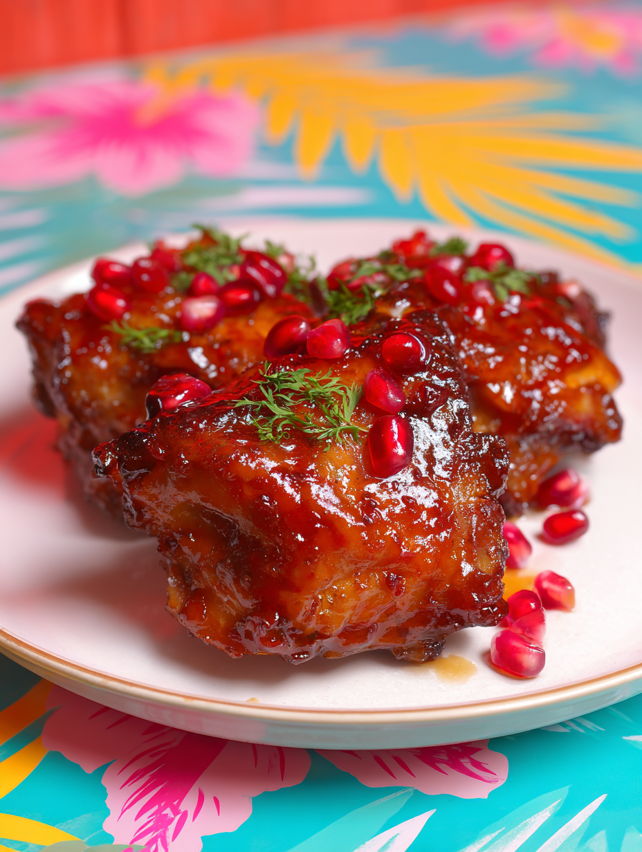 Sticky Ruby Pomegranate Chicken Thighs