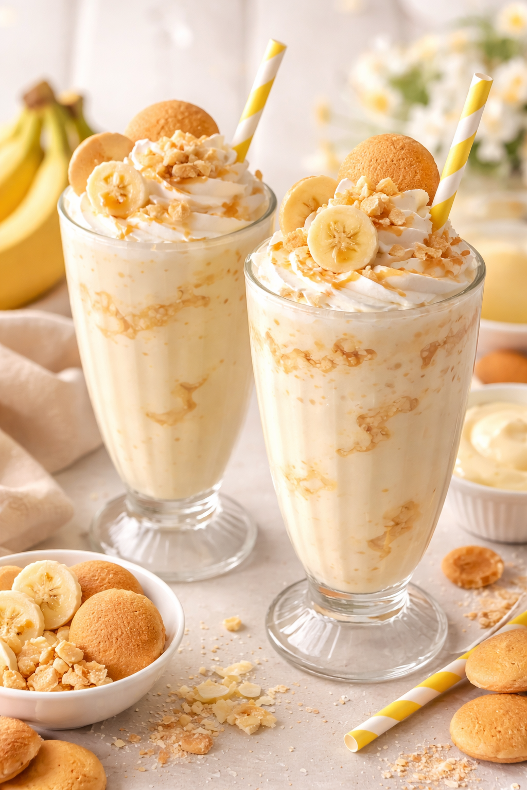 Banana cream pie milkshake topped with whipped cream, vanilla wafers, banana slices, and caramel drizzle in a tall glass