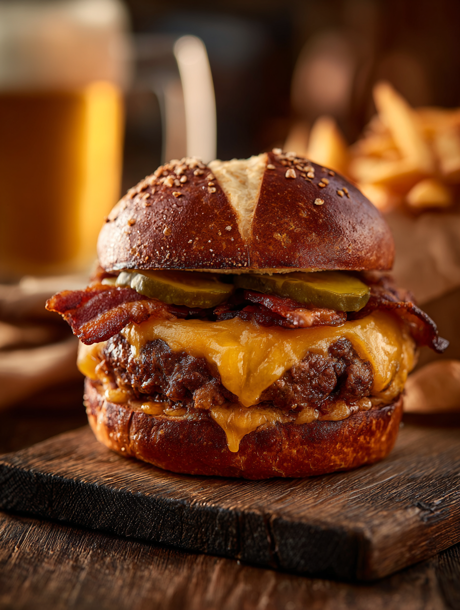 Smoked Bacon Beer-Cheese Burger on a Pretzel Bun