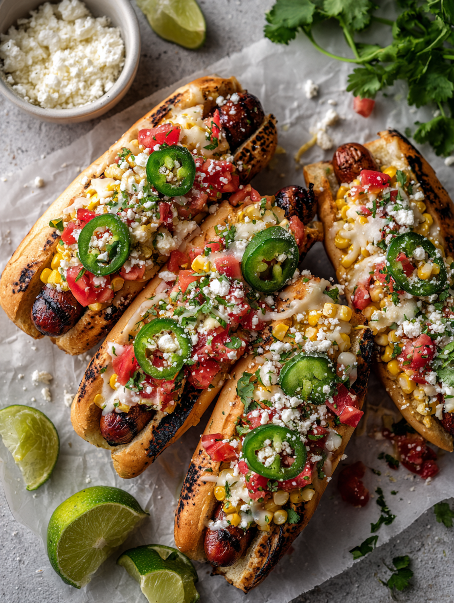 Loaded Cheesy Corn & Pico Hot Dogs with Pepper Jack
