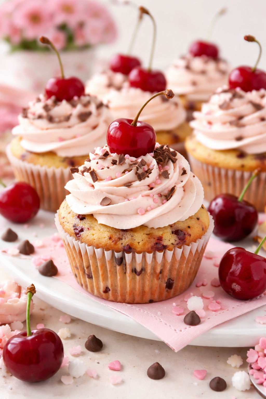 Cherry Amaretto Chocolate Chip Cupcakes with Pink Buttercream