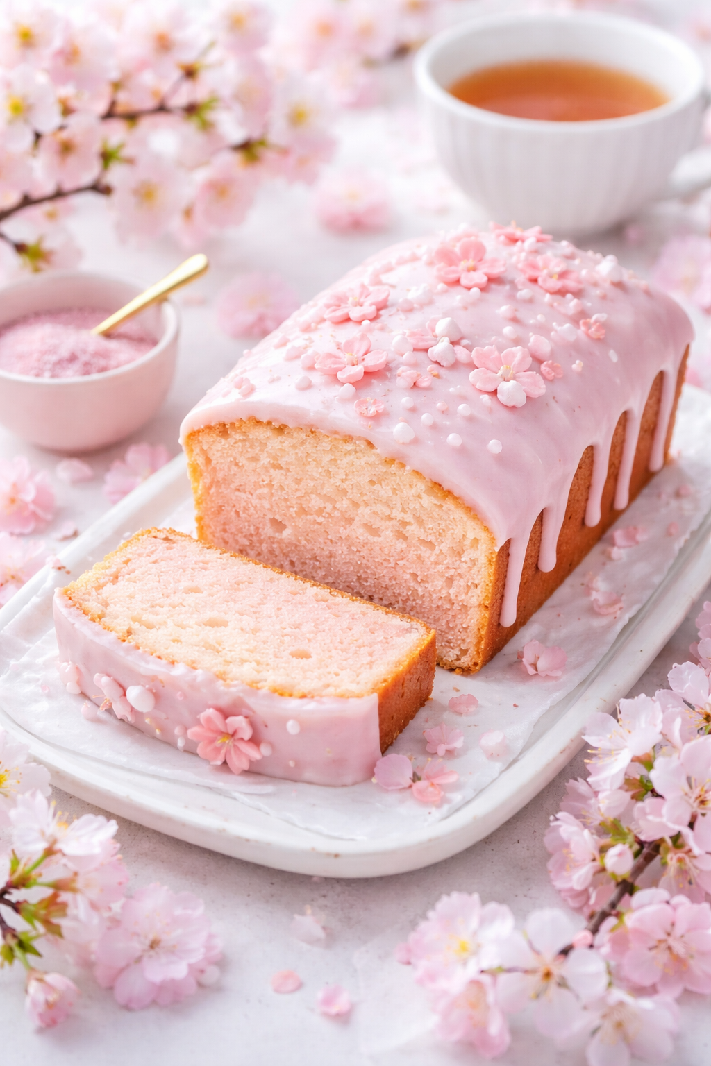 Soft & Buttery Cherry Blossom Pound Cake with a Delicate Pink Glaze