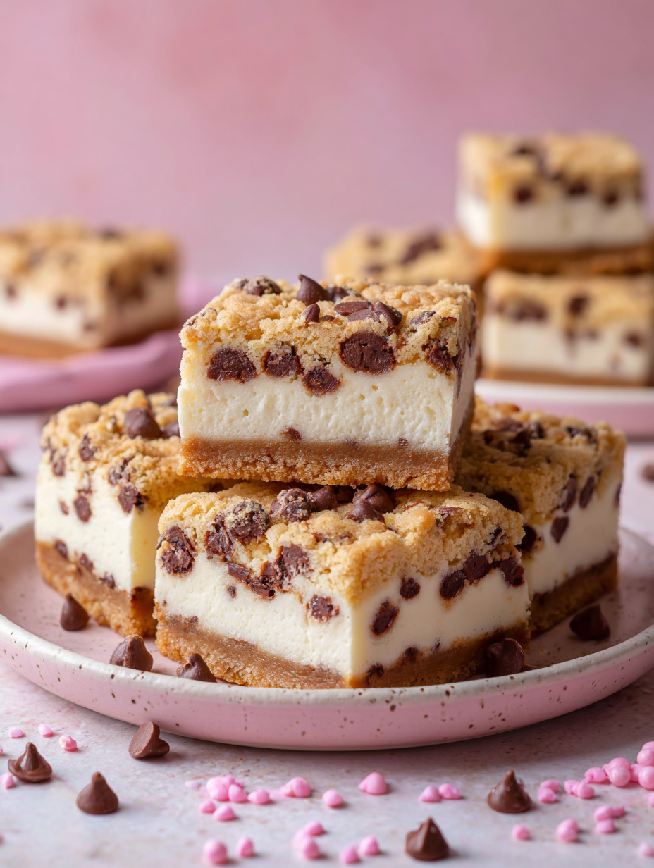 Chocolate Chip Cookie Cheesecake Bars with a Creamy Vanilla Center