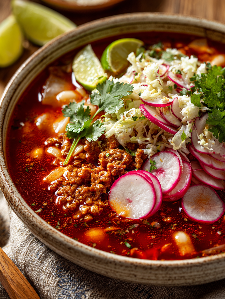 Hearty Chorizo Pozole Rojo with Hominy & Fresh Lime Toppings