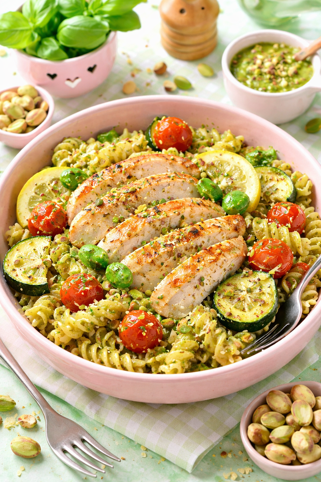 Pistachio Pesto Pasta with Lemon Chicken & Garden Veggies
