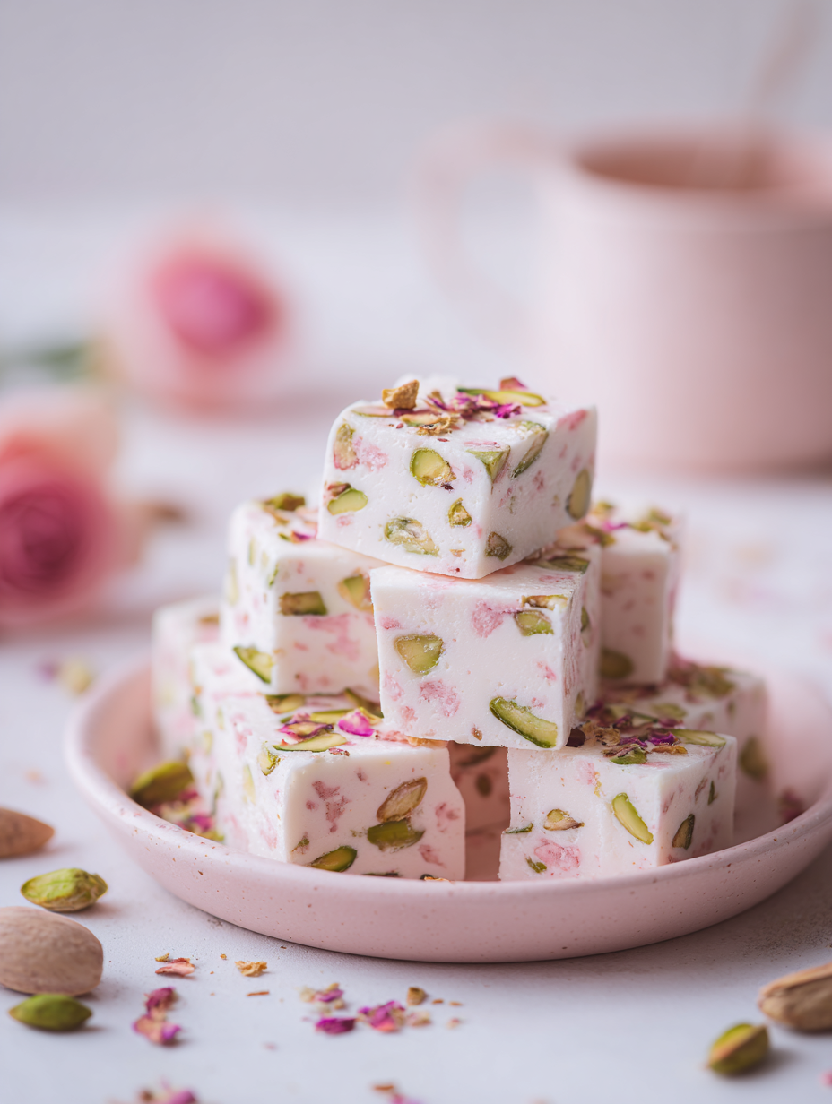 Rose Pistachio Nougat Squares (Soft Chewy Floral Candy Recipe)