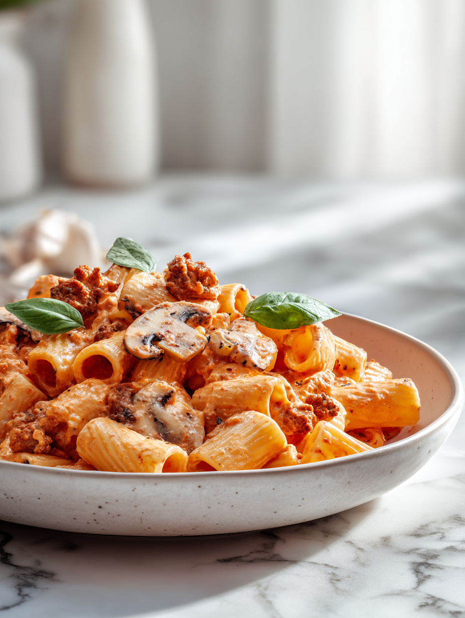 Tomato Mascarpone Pasta with Italian Sausage, Roasted Mushrooms, & Basil