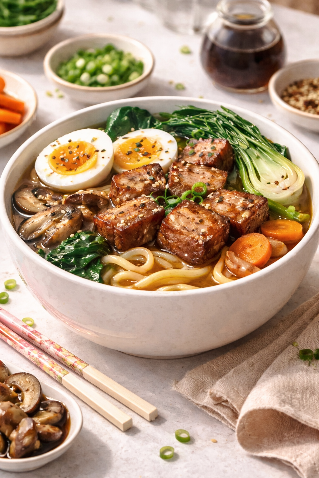 Soy-Braised Pork Belly Udon with Vegetables