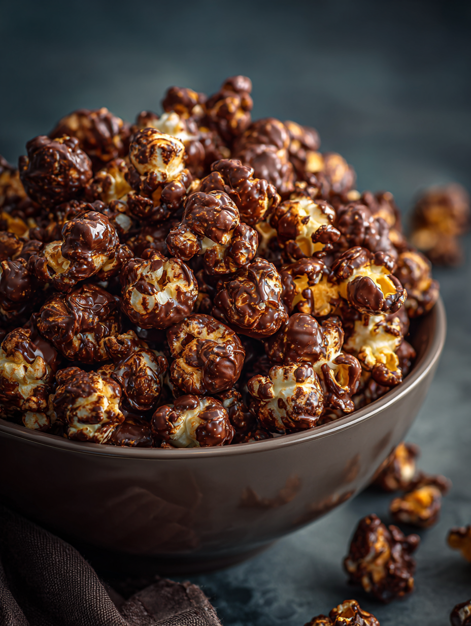 Butterfinger-coated popcorn fully covered in a glossy chocolate peanut butter candy shell, served in a white bowl with rich cocoa tones and crunchy texture visible on each kernel.
