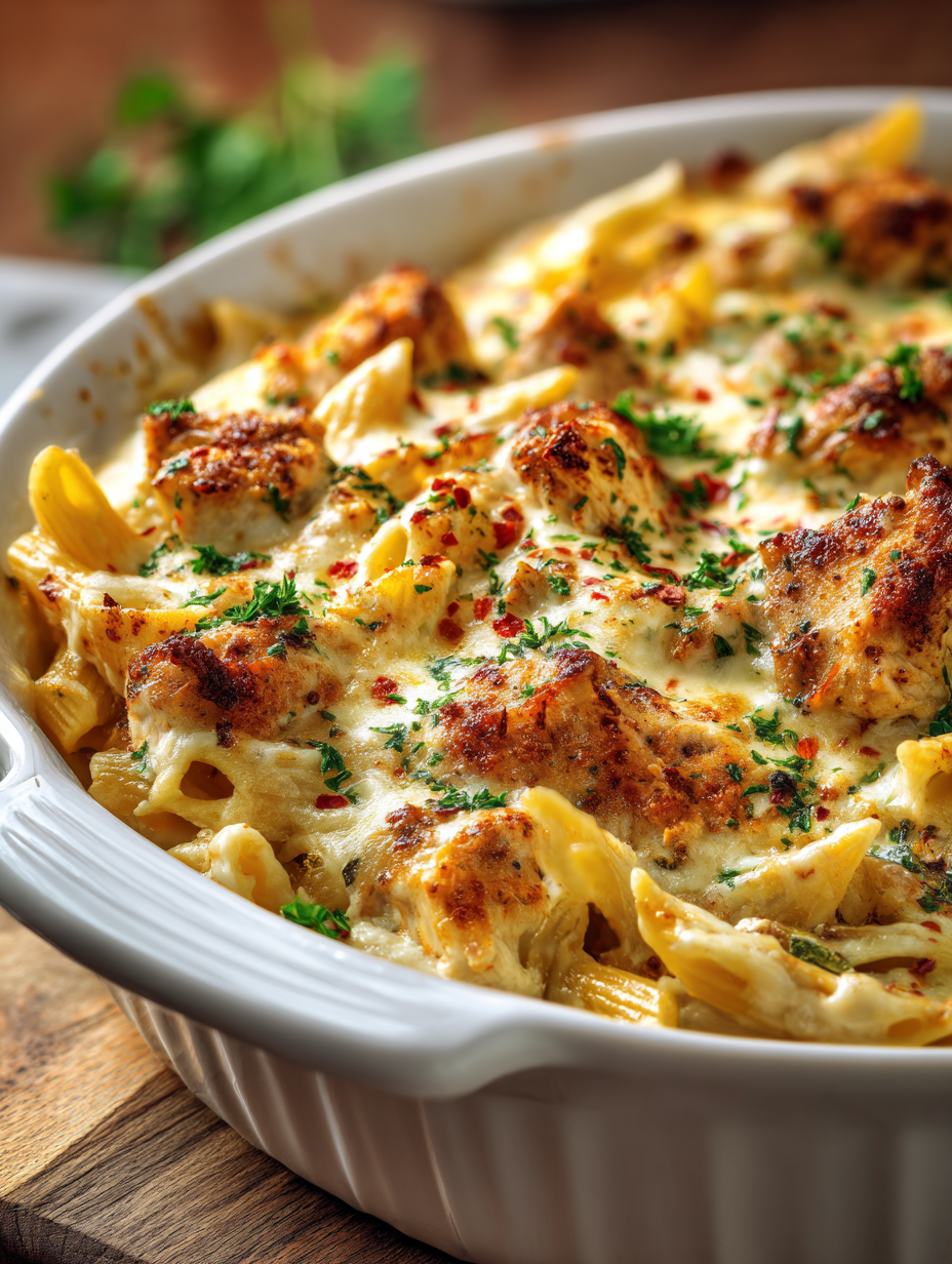 Spicy Cajun Chicken Alfredo Pasta Bake with Creamy Garlic Parmesan Sauce