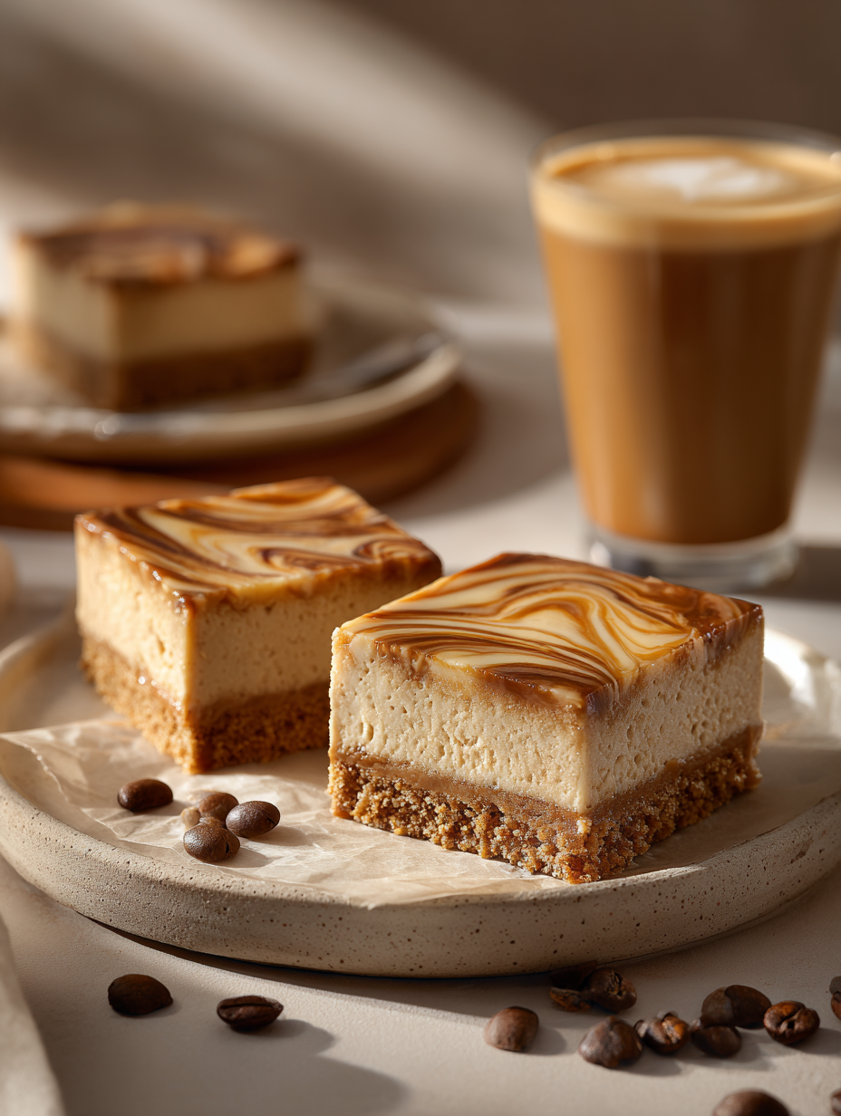 Easy Caramel Latte Cheesecake Bars with Espresso and Graham Cracker Crust