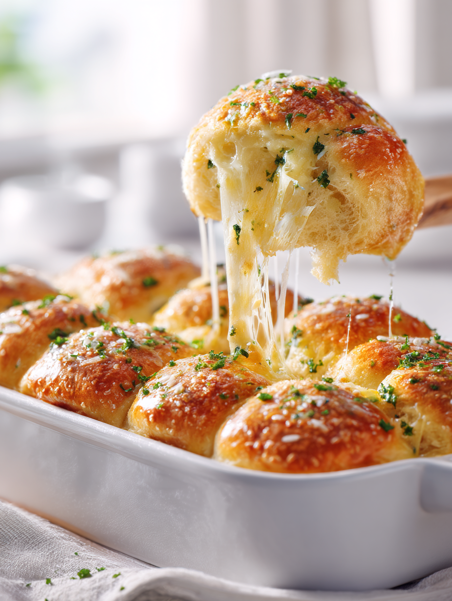 Cheese-stuffed garlic bread rolls baked until golden brown in a white dish, topped with parsley and parmesan, with one roll pulled apart showing gooey melted cheese.