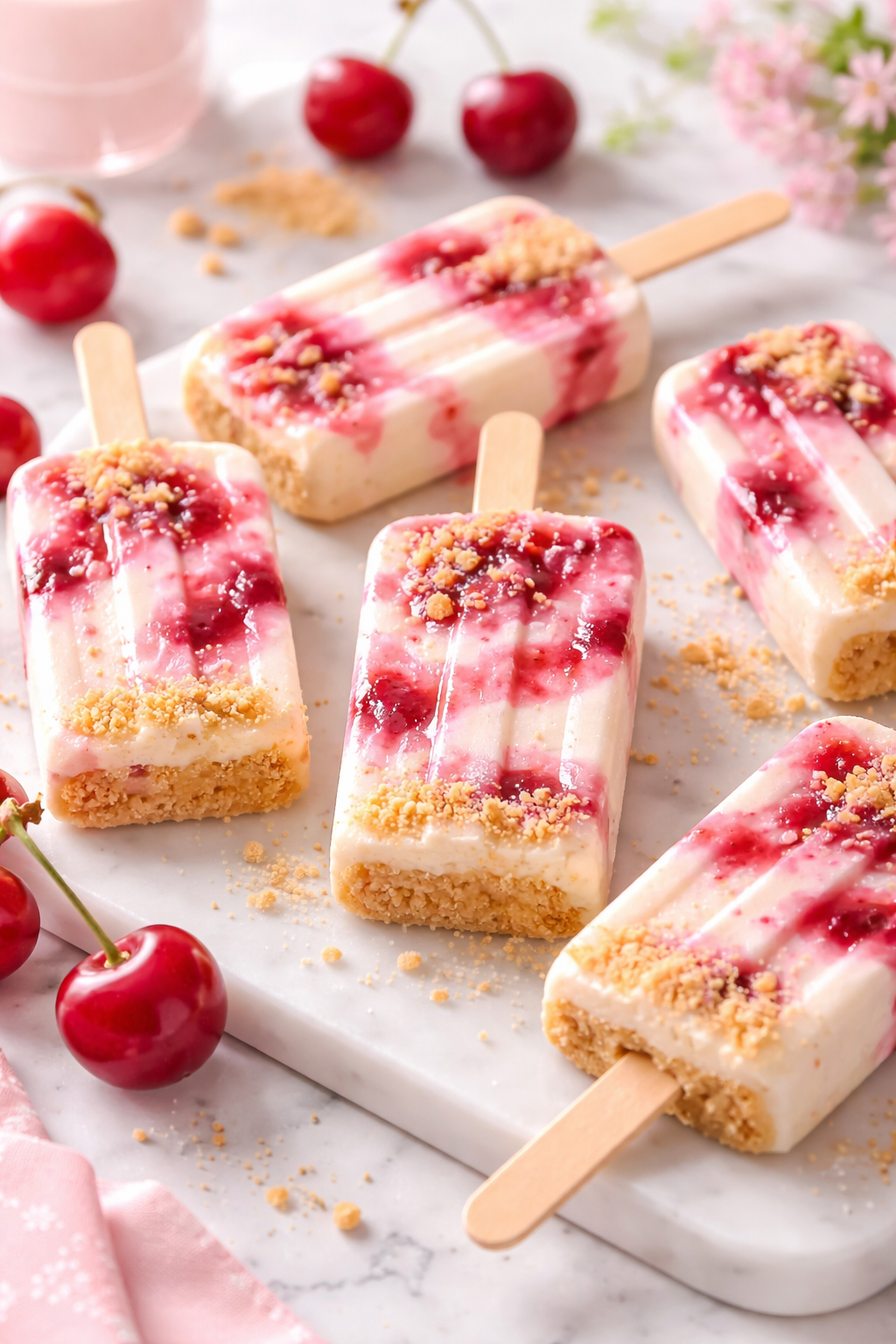 Creamy Cherry Cheesecake Popsicles with a Buttery Graham Crunch
