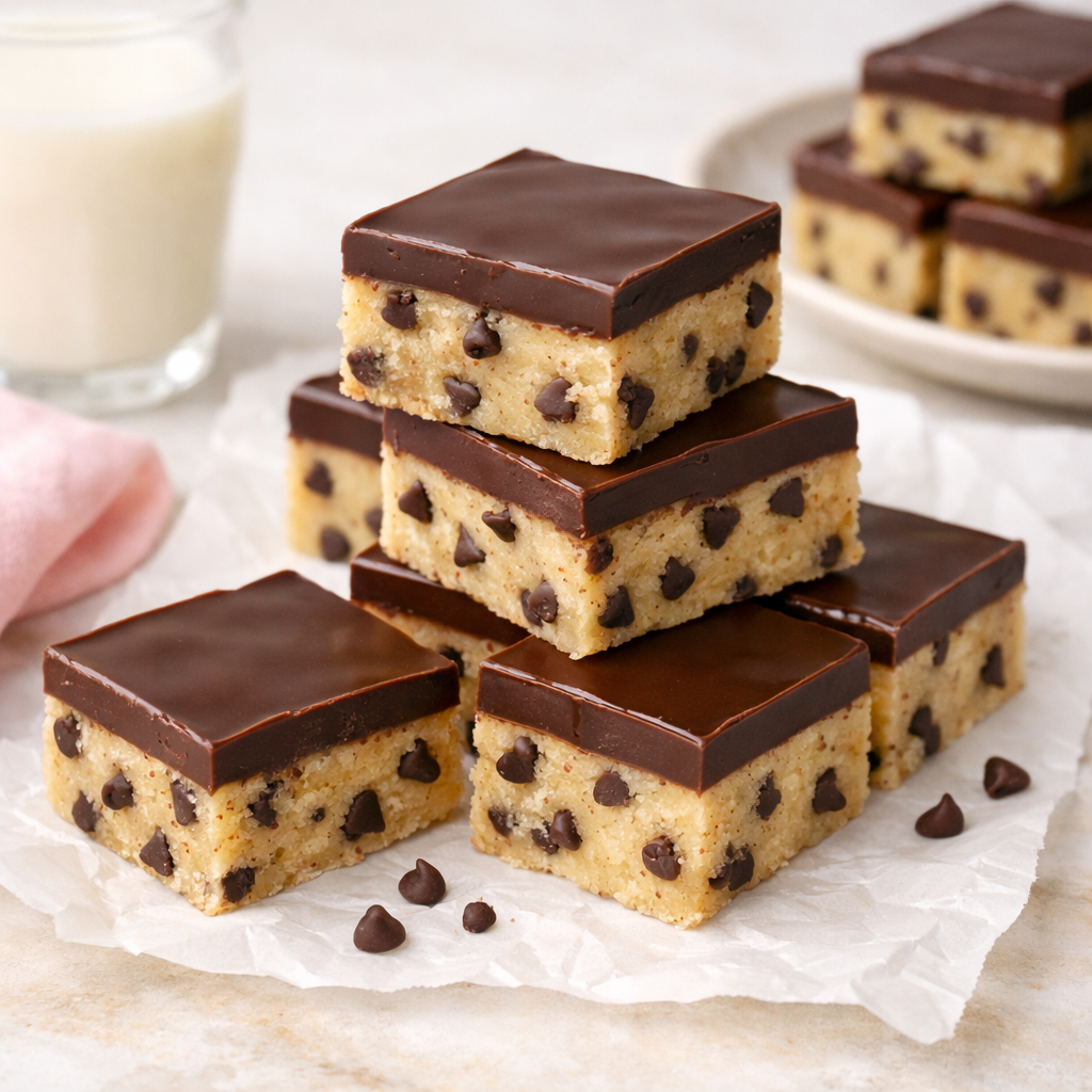 Chocolate chip cookie dough fudge squares stacked on parchment paper with a smooth chocolate topping and visible mini chocolate chips.