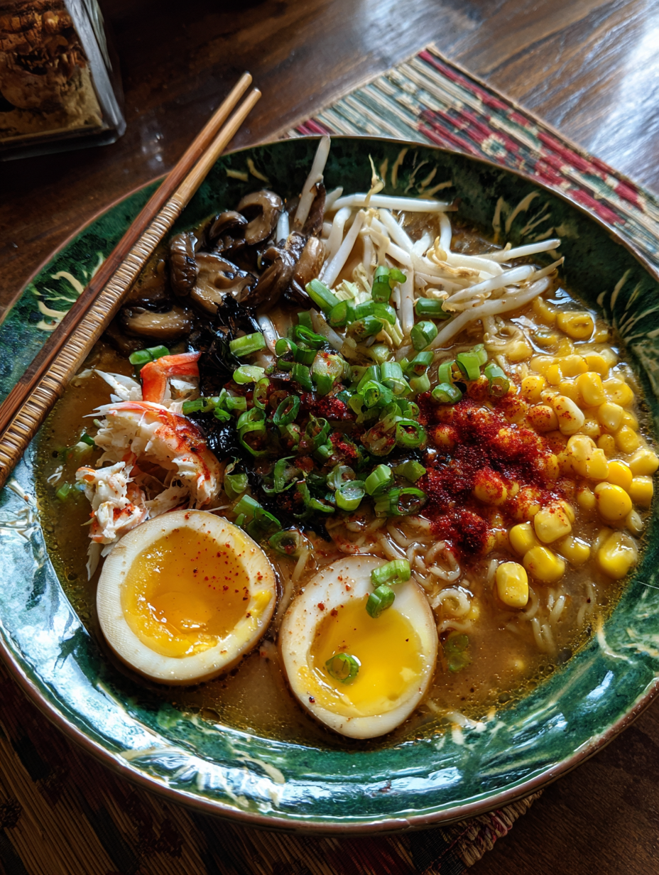 Easy Japanese Crab Miso Ramen with Jammy Eggs, Corn & Shiitake Mushrooms