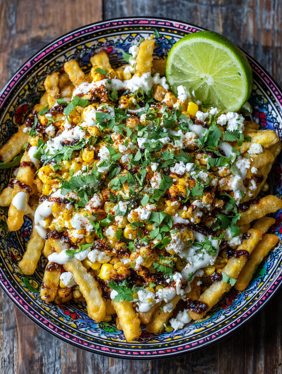 Street Corn–Style Loaded Fries with Chili Lime Cream