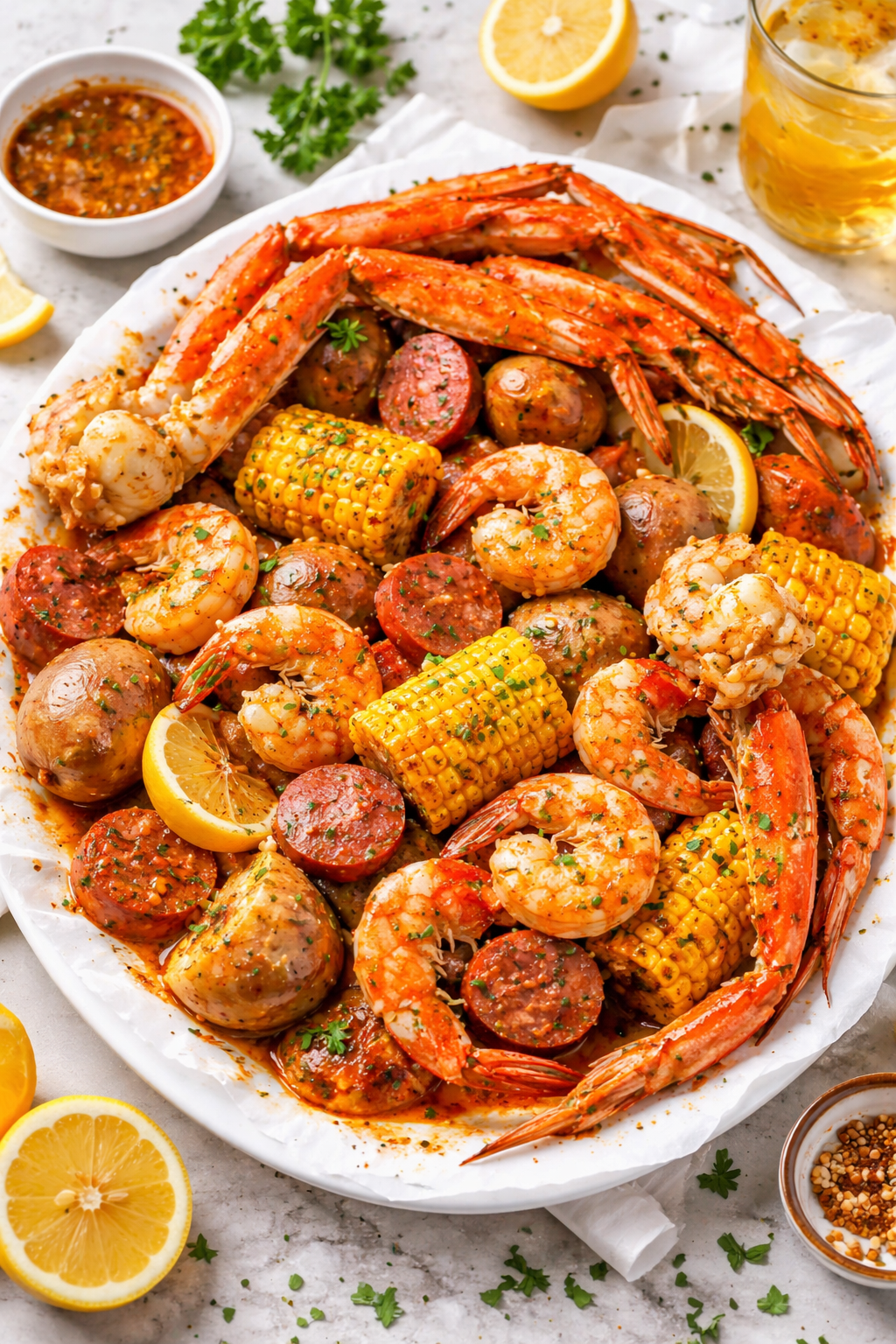Garlic butter Cajun seafood boil with shrimp, snow crab legs, corn on the cob, red potatoes, and andouille sausage tossed in a rich buttery sauce and garnished with parsley and lemon wedges.