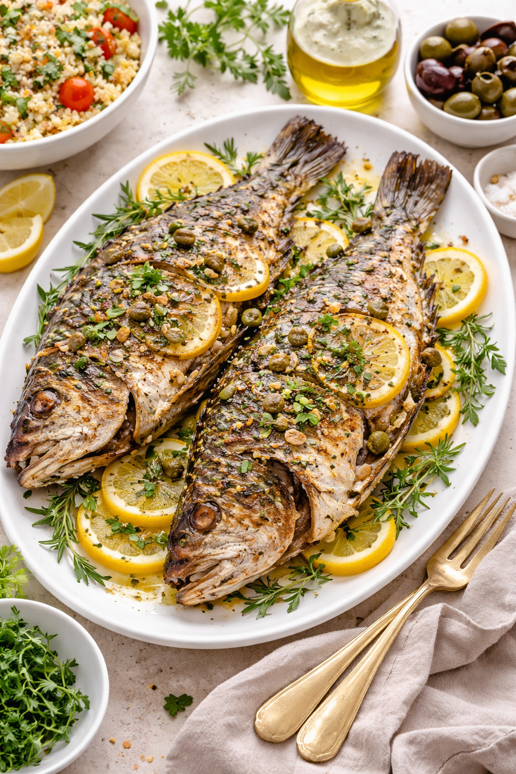 Mediterranean lemon herb whole roasted tilapia with crispy skin, sliced lemons, rosemary, thyme, capers, and olive oil served on a white platter with couscous and olives.