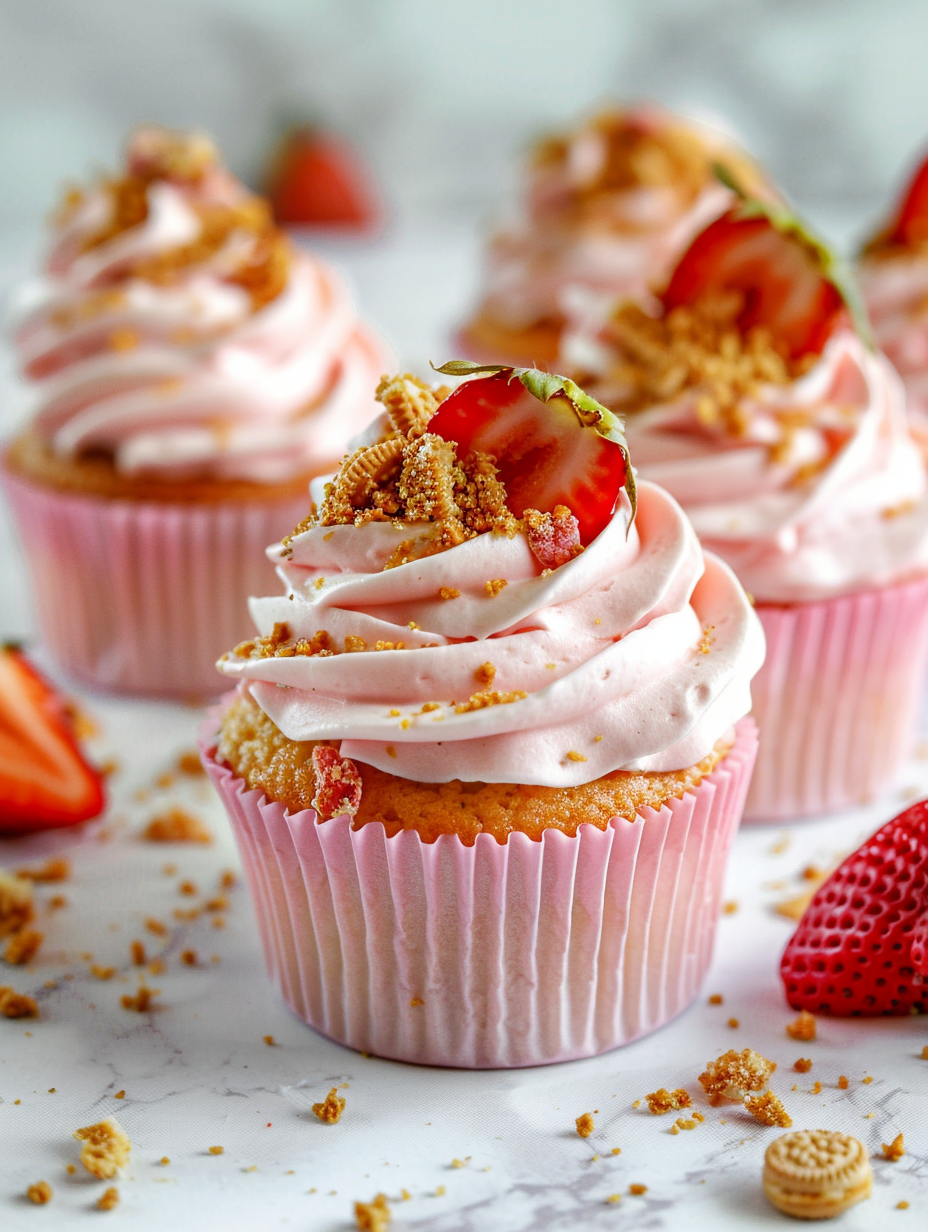Bakery-Style Strawberry Crunch Cupcakes with Creamy Vanilla Swirl