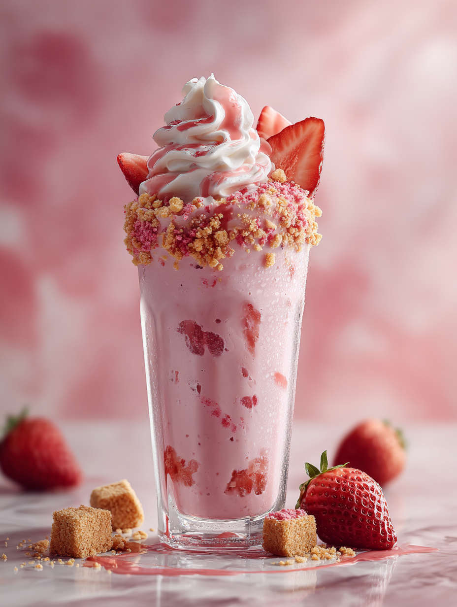 Strawberry shortcake cake shake in a tall glass topped with whipped cream, strawberry drizzle, fresh strawberries, and visible strawberry shortcake crumble