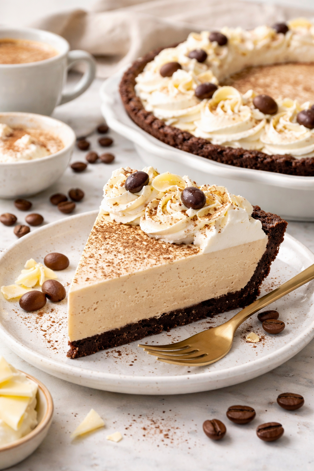 Creamy White Chocolate Mocha Mousse Pie with Espresso Whipped Cream
