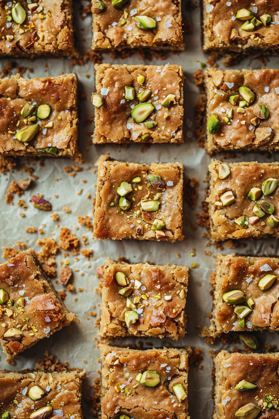 Chewy Brown Butter Pistachio Blondies with Creamy Pistachio Swirl
