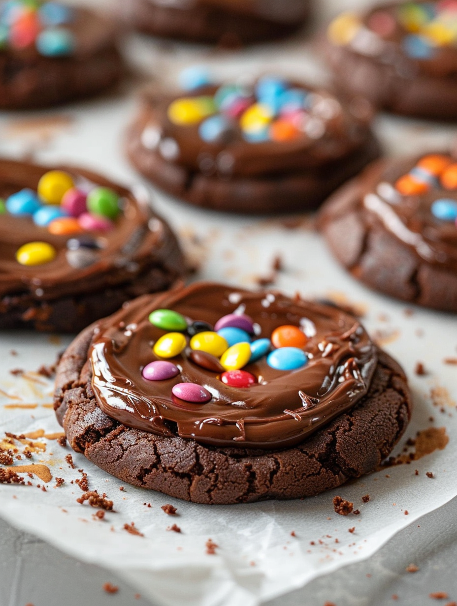 Fudgy Crumbl Cosmic Brownie Cookies with Ganache and Rainbow Chips