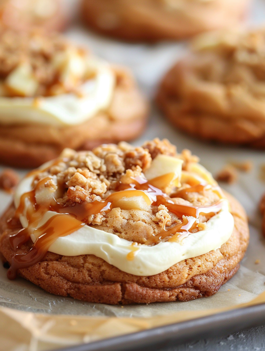 Crumbl Caramel Apple Cookies (Copycat) – Thick Bakery Cookies with Frosting, Crumble & Caramel Drizzle