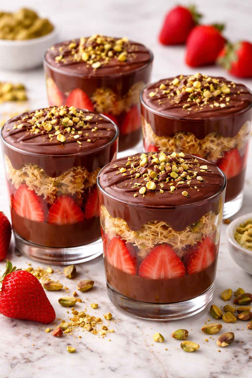 Viral Dubai Chocolate Strawberry Cups with Pistachio Kataifi Crunch
