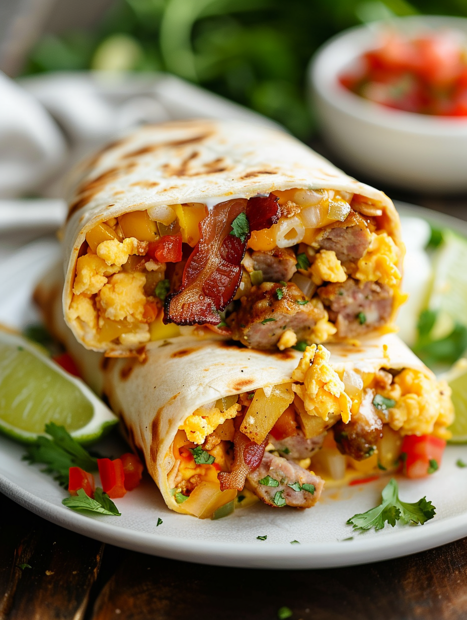 Loaded breakfast burrito filled with scrambled eggs, bacon, sausage, crispy potatoes, cheddar cheese, and vegetables wrapped in a toasted tortilla.