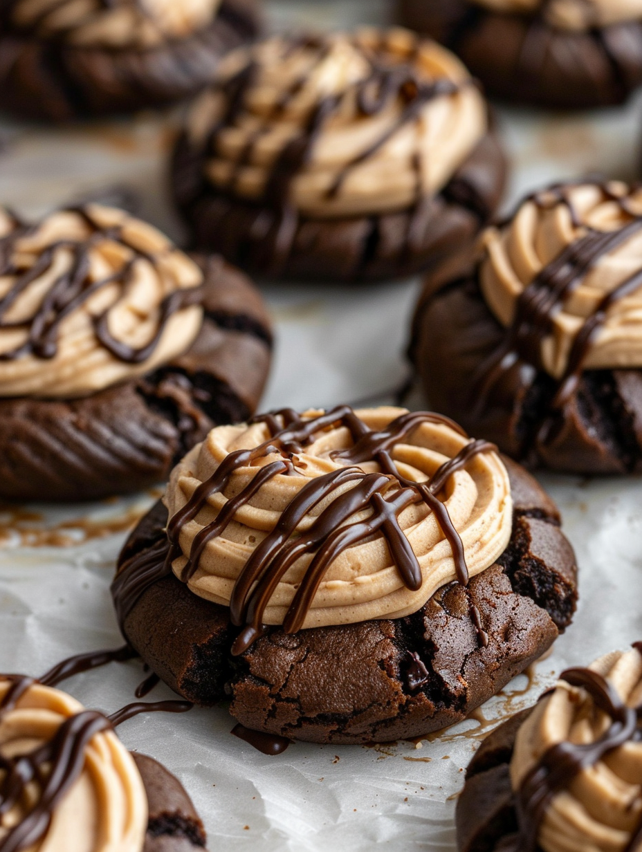 Crumbl peanut butter brownie cookies with thick chocolate base, creamy peanut butter frosting swirl, and chocolate drizzle, bakery-style copycat cookies