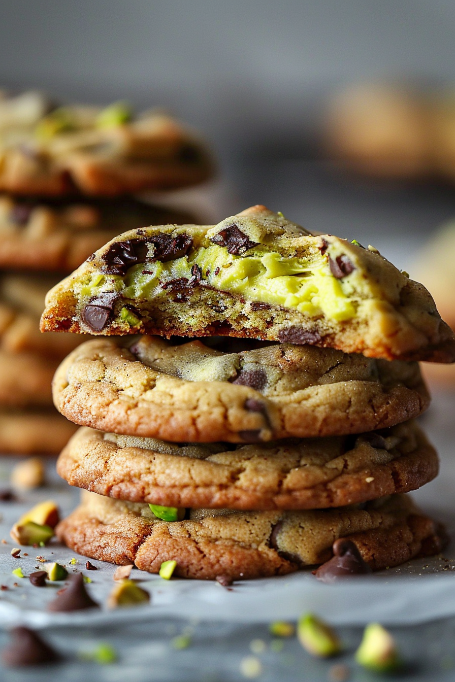 Bakery-Style Pistachio Cream Stuffed Chocolate Chip Cookies