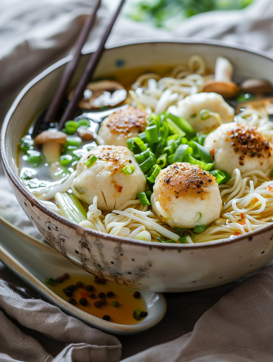Fish Ball Soup with Noodles, Napa Cabbage & Asian Mushrooms (Light, Flavorful, Easy)