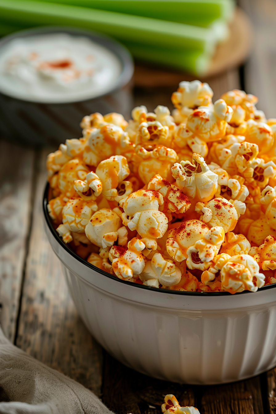 Buffalo popcorn in a white bowl coated in buttery spicy buffalo sauce with ranch seasoning and celery on a wooden table