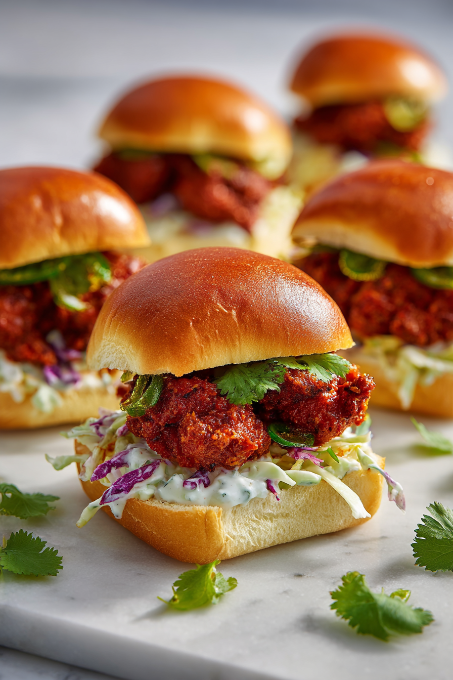 Chicken 65 Sliders (Crispy Spicy Indian Chicken Sliders with Yogurt Slaw)