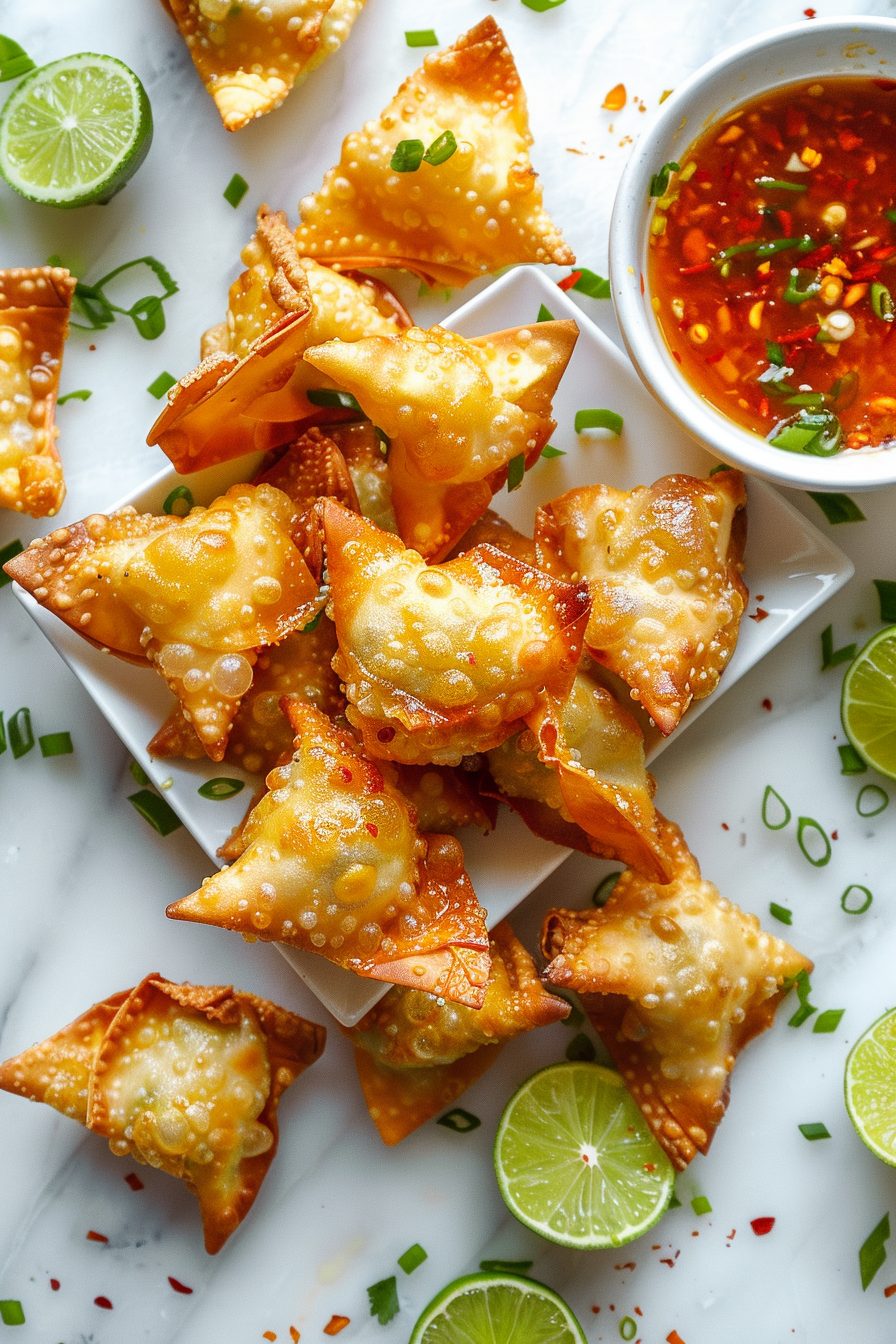 Spicy coconut lime crab rangoon with crispy golden wonton shells and creamy crab filling served with sweet chili dipping sauce