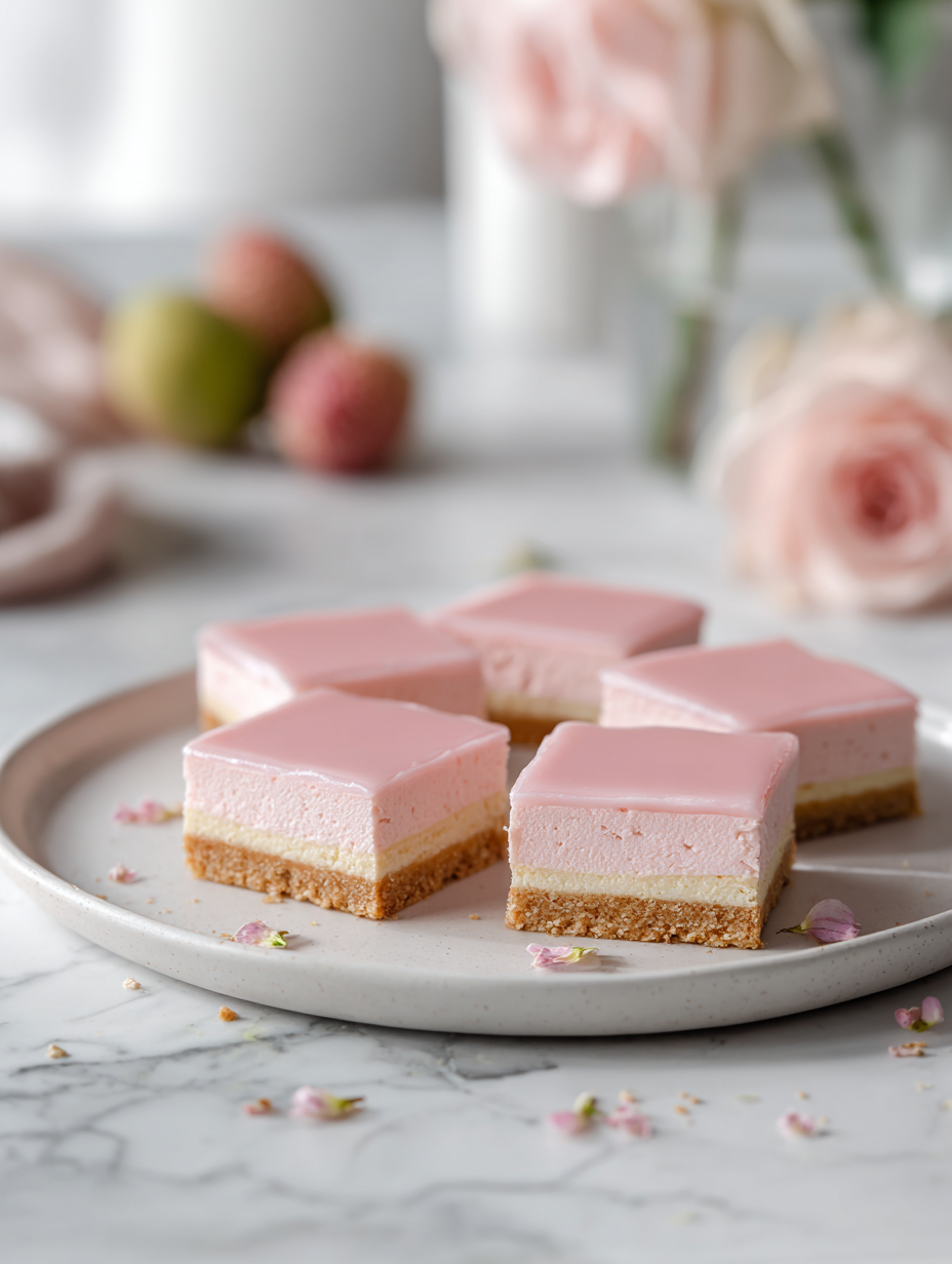 🌸 Rose Lychee Cheesecake Bars (Elegant Floral Dessert with Lychee Flavor)