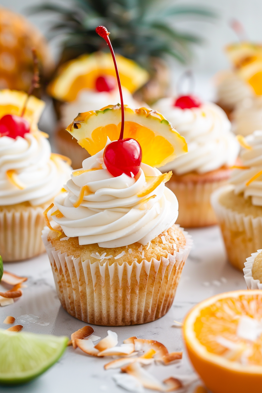 Mai Tai Cupcakes with Pineapple Filling and Coconut Citrus Frosting