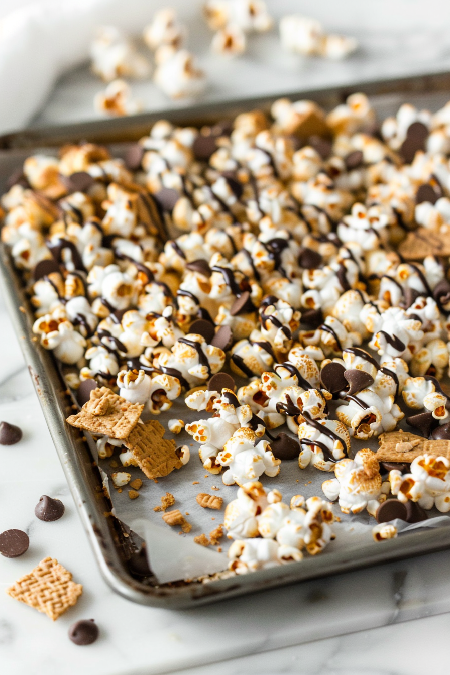 S’mores popcorn with gooey melted marshmallow, chocolate chips, and graham cracker chunks on a parchment-lined baking sheet