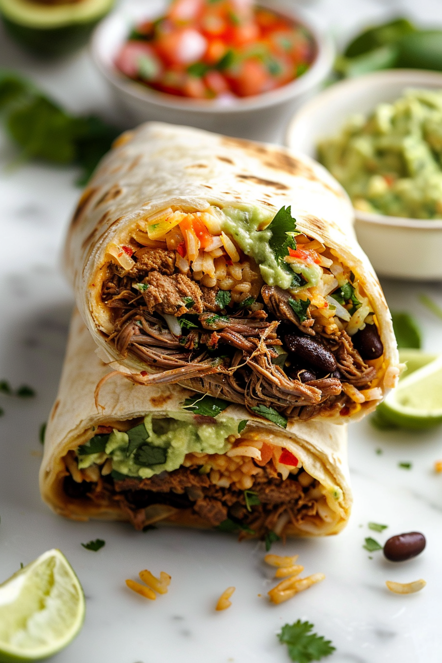 Barbacoa burrito sliced in half showing juicy shredded beef, cilantro lime rice, black beans, melted cheese, guacamole, pico de gallo, and chipotle crema in a toasted flour tortilla