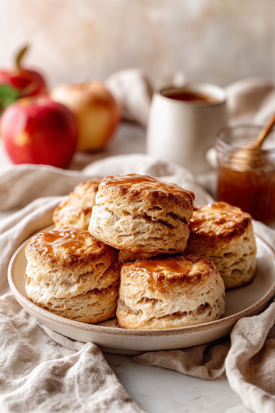 Fresh homemade apple butter biscuits with flaky golden layers on a light ceramic plate with apples and apple butter in the background.