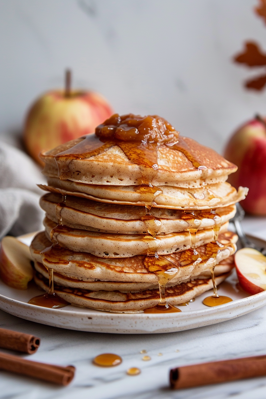 Fluffy apple butter pancakes stacked on a plate with maple syrup and apple butter topping