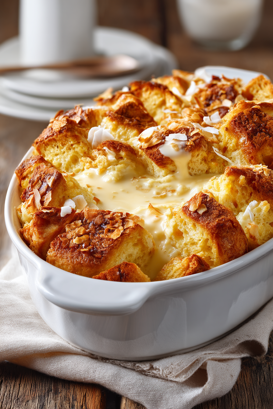 Hawaiian Roll Bread Pudding with Coconut Rum Sauce