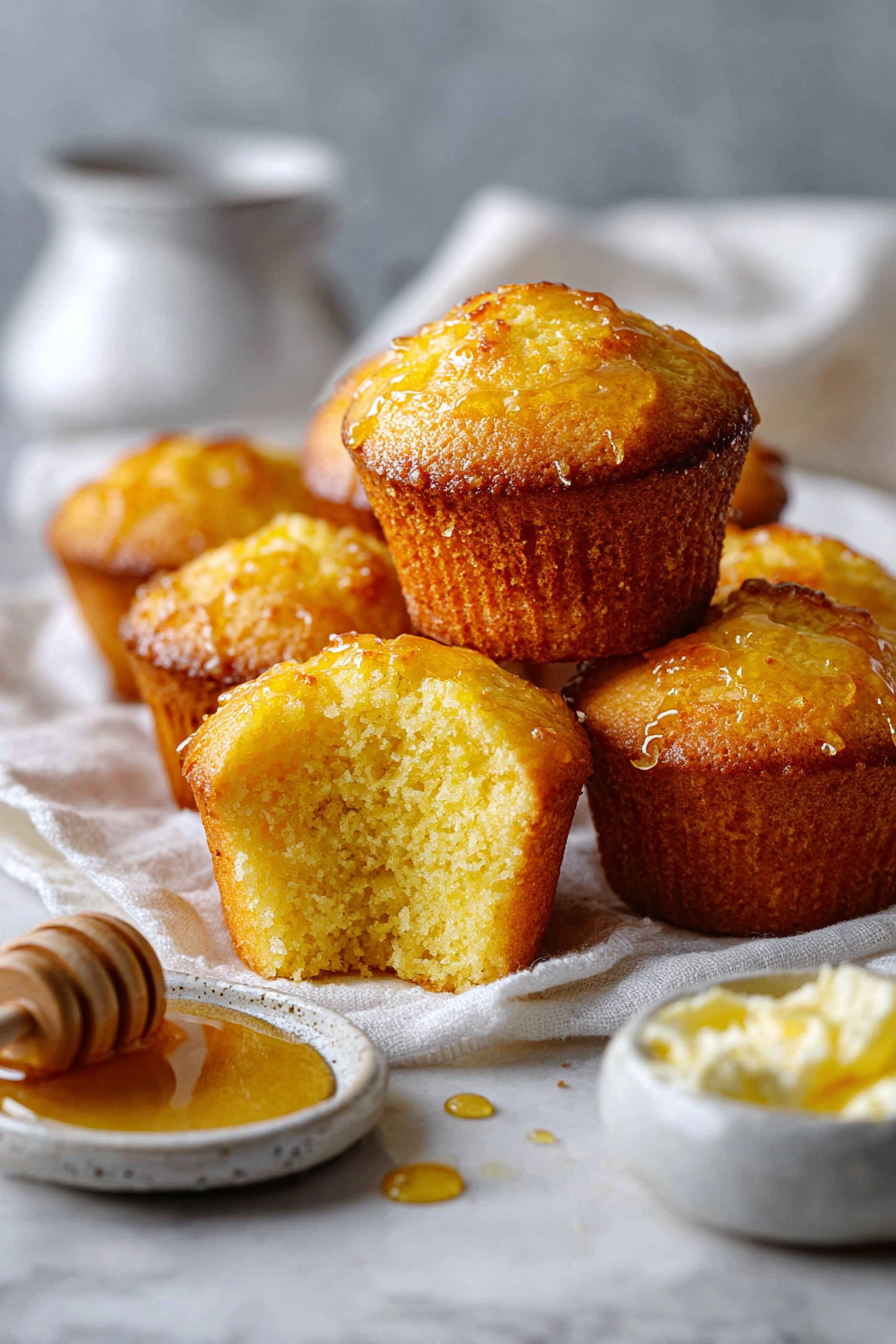 Golden honey butter cornbread muffins on a light marble background with soft fluffy texture and glossy buttery tops.